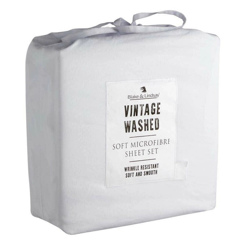 BLAKE & LINDSAY VINTAGE WASHED SOFT MICROFIBRE SHEET SET KING SINGLE BED WHITE [SZ:King Single]