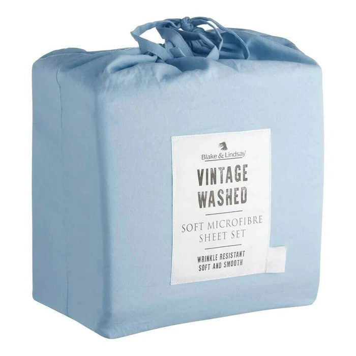 BLAKE & LINDSAY VINTAGE WASHED SOFT MICROFIBRE SHEET SET SINGLE BED SKY [SZ:Single]