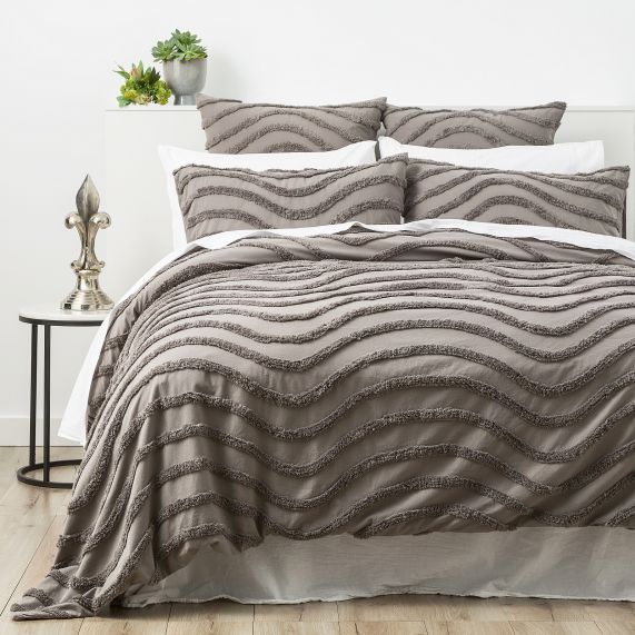 Wave 100% Cotton Chenille Tufted Quilt Cover Set Grey [SZ:Queen]