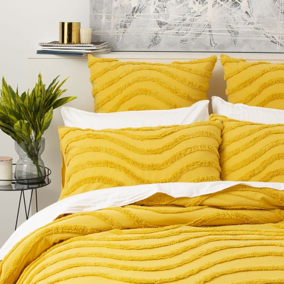 Wave 100% Cotton Chenille Tufted Quilt Cover Set Mustard [SZ:Queen]