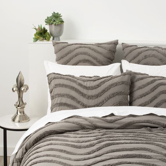 Wave 100% Cotton Chenille Tufted Quilt Cover Set Grey [SZ:European Pillowcase]