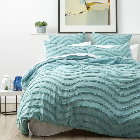 Wave 100% Cotton Chenille Tufted Quilt Cover Set Aqua [SZ:European Pillowcase]