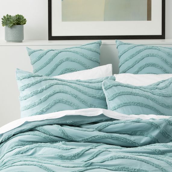 Wave 100% Cotton Chenille Tufted Quilt Cover Set Aqua [SZ:European Pillowcase]