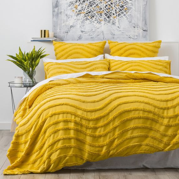 Wave 100% Cotton Chenille Tufted Quilt Cover Set Mustard [SZ:European Pillowcase]