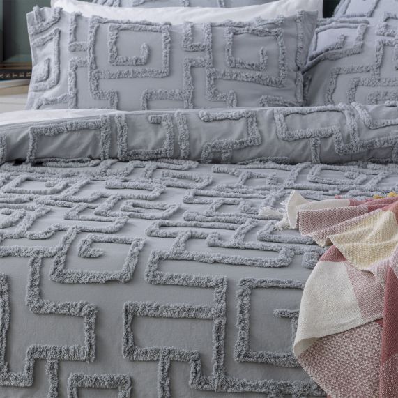 Riley Vintage Washed Cotton Chenille Tufted Quilt Cover Set Silver [SZ:Double]