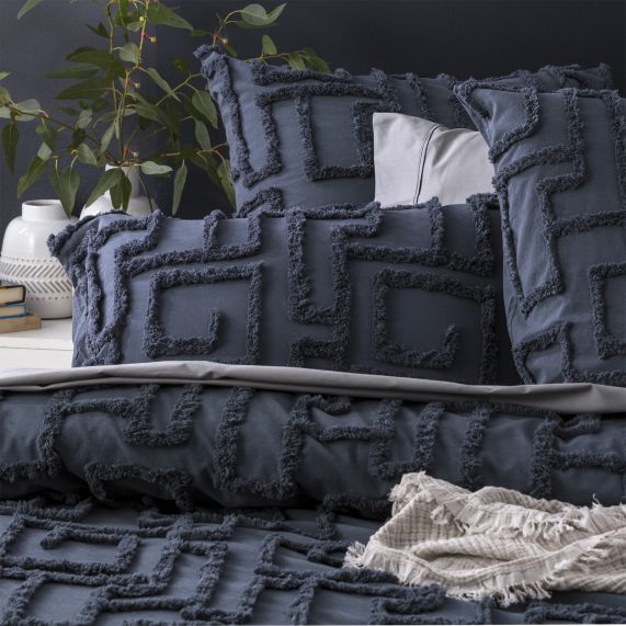 Riley Vintage Washed Cotton Chenille Tufted Quilt Cover Set Slate [SZ:European Pillowcase]