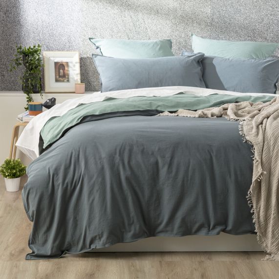 Essentials Vintage Stone washed reversible Quilt cover sets Mineral [SZ:Queen]