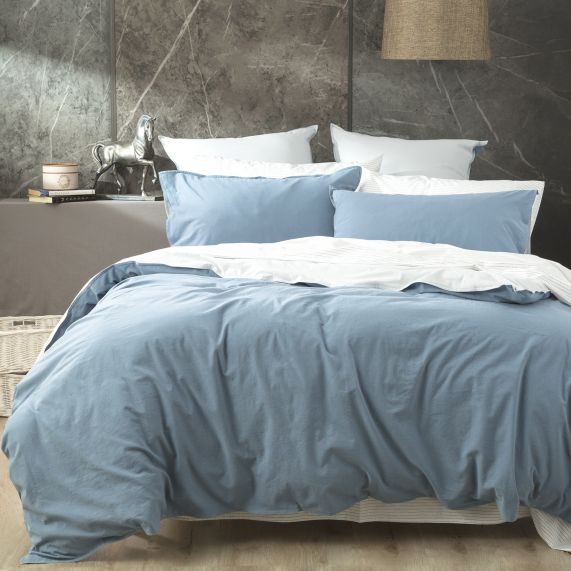 Essentials Vintage Stone washed reversible Quilt cover sets Blue [SZ:European Pillowcase]