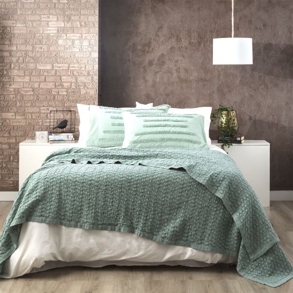 Renee Taylor Lexico Washed Cotton Textured Waffle Blankets Sage [SZ:Single/Double]