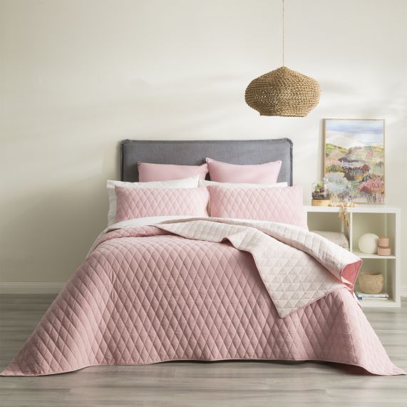 Renee Taylor Diamante Vintage Stone Washed Cotton Reversible Quilted Coverlet Set Rose [SZ:Queen/King]