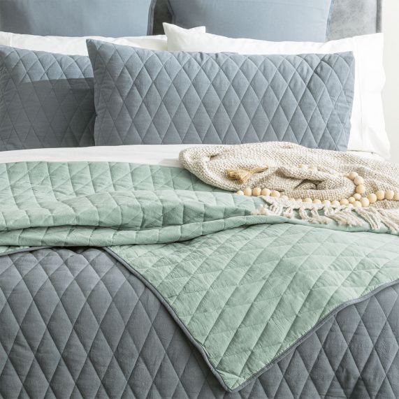 Renee Taylor Diamante Vintage Stone Washed Cotton Reversible Quilted Coverlet Set Mineral Mineral [SZ:Queen/King]