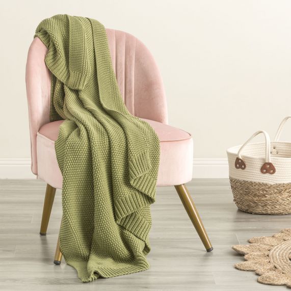 Renee Taylor Moss Seed Stitch 100% Cotton Knitted Throw 130 x 170 Cms Sage 