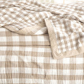 Renee Taylor Gingham Washed Cotton Yarn Dyed Revesible Textured Blanket Tan [SZ:Single/Double]